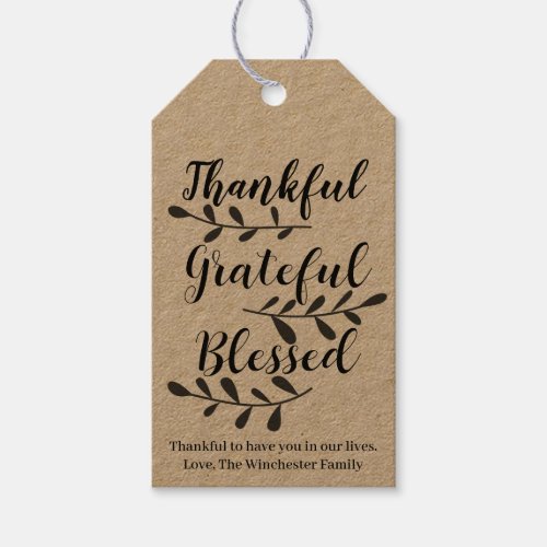 Thankful Grateful Blessed kraft custom script text Gift Tags