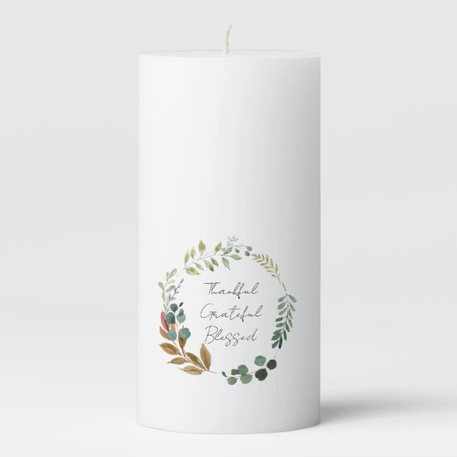 Thankful Grateful Blessed Leaf Art Rustic Modern  Pillar Candle (Front)