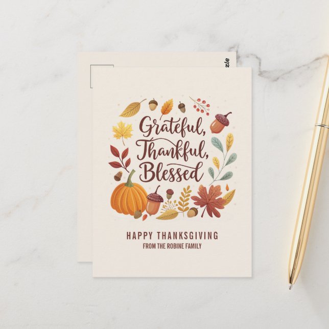 Thankful Grateful Blessed leaf Thanksgiving Fall Postcard (Front/Back In Situ)