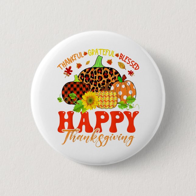 Thankful Grateful Blessed Leopard Plaid Pumpkin Th Button (Front)