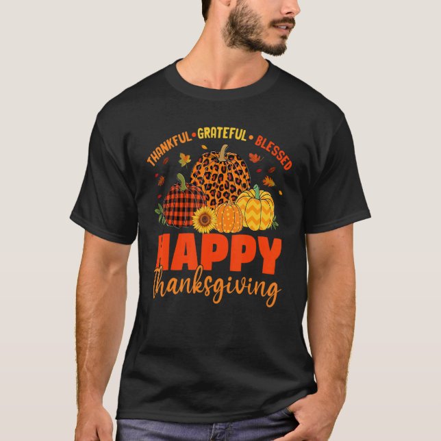 Thankful Grateful Blessed Leopard Plaid Pumpkin Th T-Shirt (Front)
