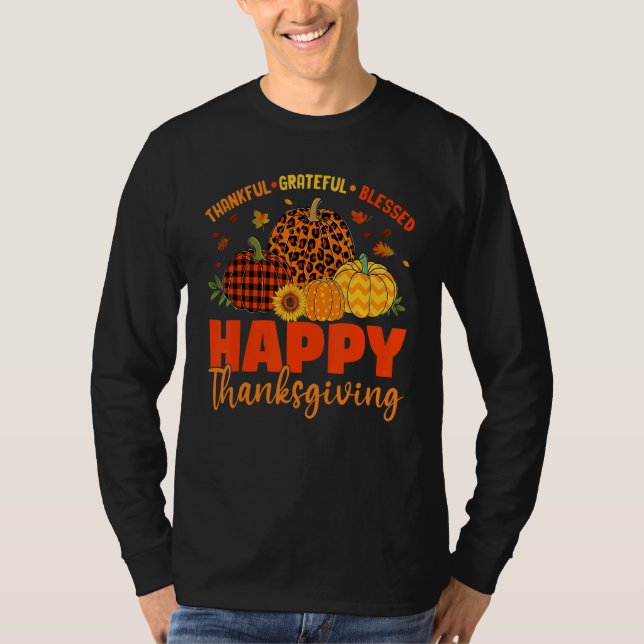 Thankful Grateful Blessed Leopard Plaid Pumpkin Th T-Shirt (Front)