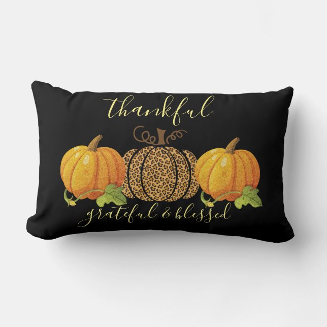 Thankful Grateful Blessed Leopard Pumpkin Lumbar Pillow (Front)