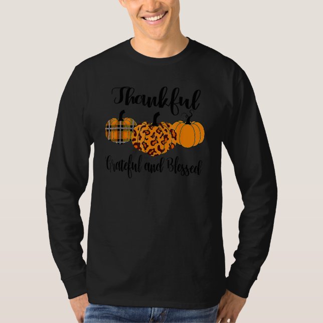 Thankful Grateful Blessed Leopard Pumpkin Thanksgi T-Shirt (Front)
