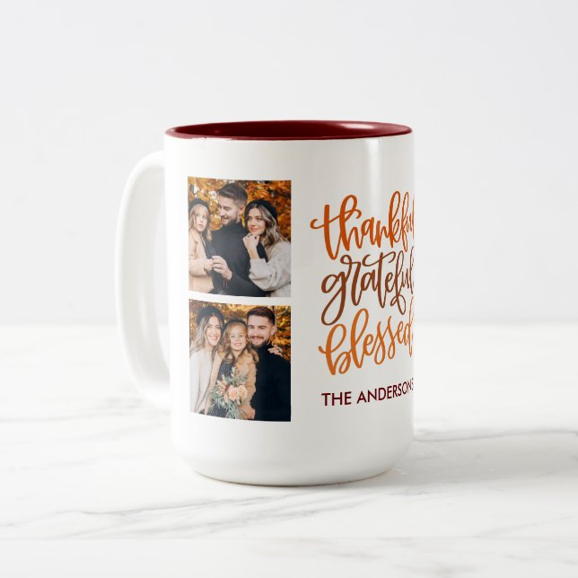Thankful Grateful Blessed Name 4 Photo Fall Two-Tone Coffee Mug (Front Left)