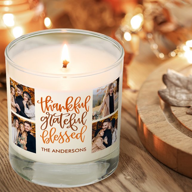 Thankful Grateful Blessed Name 4 Photo Scented Candle (Customize to change name color or to add more text to back.)