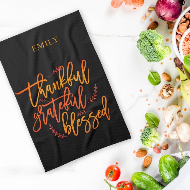 Thankful Grateful Blessed Name Orange Yellow Black Kitchen Towel (Creator Uploaded)
