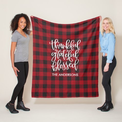 Thankful Grateful Blessed Name Red Plaid Fleece Blanket