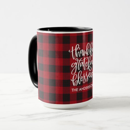 Thankful Grateful Blessed Name Red Plaid Large Mug