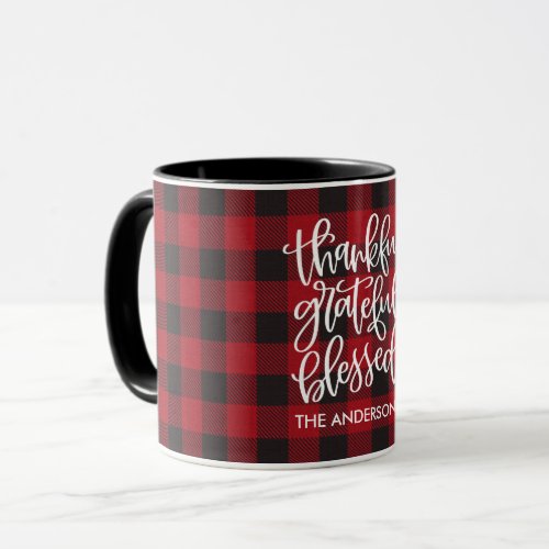 Thankful Grateful Blessed Name Red Plaid Mug