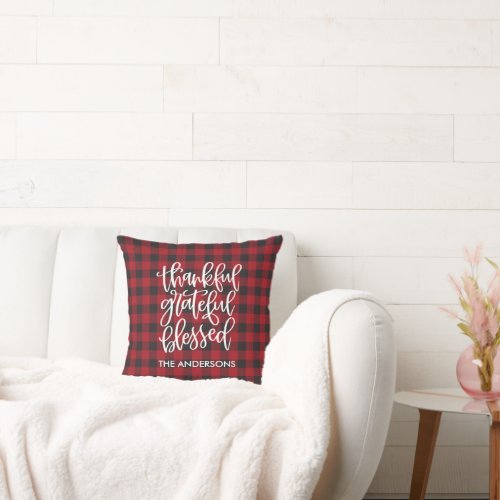 Thankful Grateful Blessed Name Red Plaid Throw Pillow