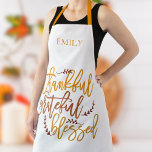 Thankful Grateful Blessed Name Terracotta White Apron<br><div class="desc">Thankful Grateful Blessed Name Orange Terracotta White. Awesome inspirational words to wear for thanksgiving and throughout the year, I n a large elegant script, the words of gratitude Thankful Grateful Blessed in the vibrant colors of fall on a white background which can be changed to another color if you so...</div>