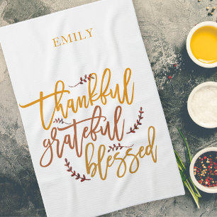 Thankful Grateful Blessed Name Terracotta White Kitchen Towel