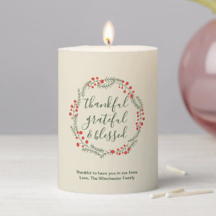 Thankful Grateful Blessed off white green wreath Pillar Candle