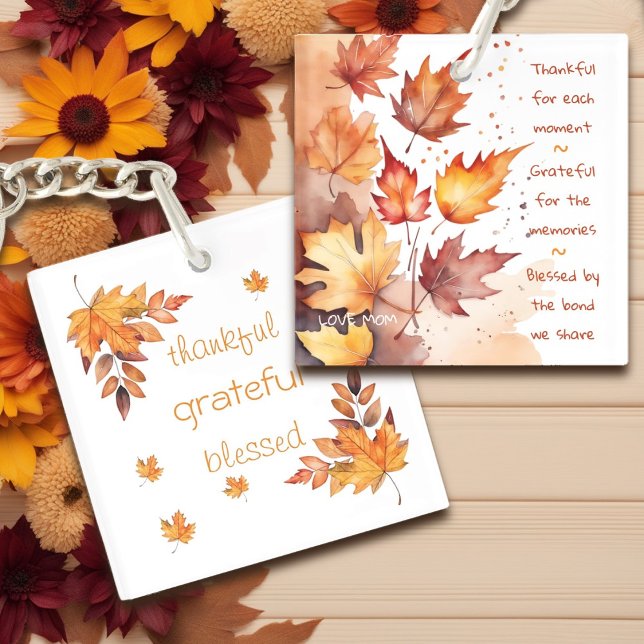 Thankful Grateful Blessed Orange Brown Fall Leaves Keychain (Creator Uploaded)