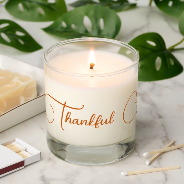 Thankful Grateful Blessed orange elegant script Scented Candle (Lit)