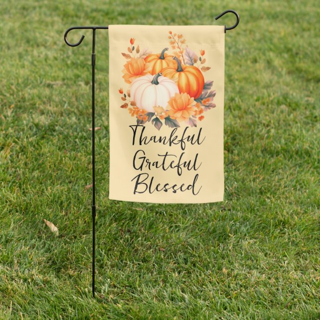 Thankful Grateful Blessed Orange Fall Pumpkins Garden Flag (In SItu)