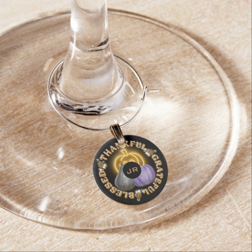 Thankful Grateful Blessed Orange Neon Pumpkin  Wine Charm