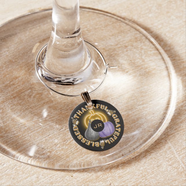 Thankful Grateful Blessed Orange Neon Pumpkin  Wine Charm (In Situ)