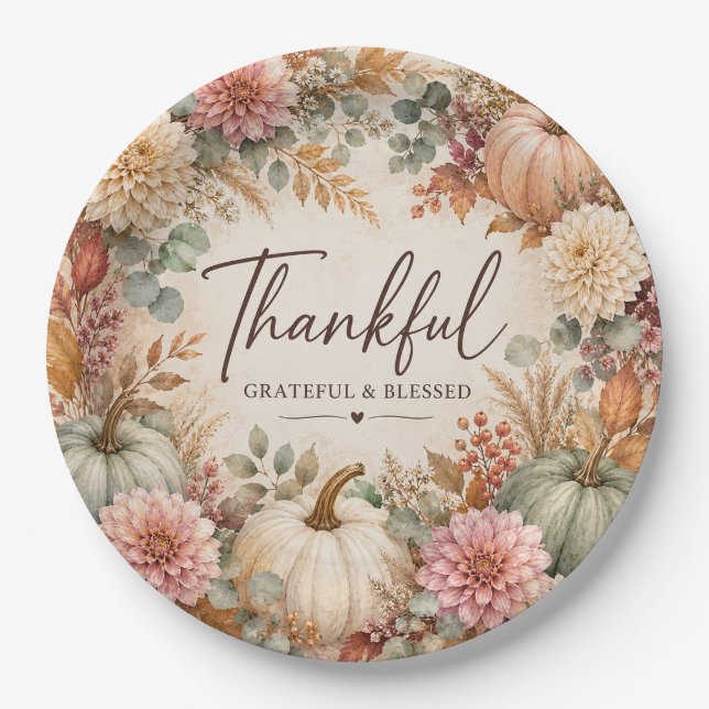 Thankful Grateful & Blessed Paper Plates (Front)