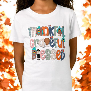 Thankful Grateful Blessed Patterned Thanksgiving T-Shirt