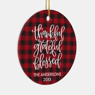 Thankful Grateful Blessed PHOTO BACK Red Plaid Ceramic Ornament