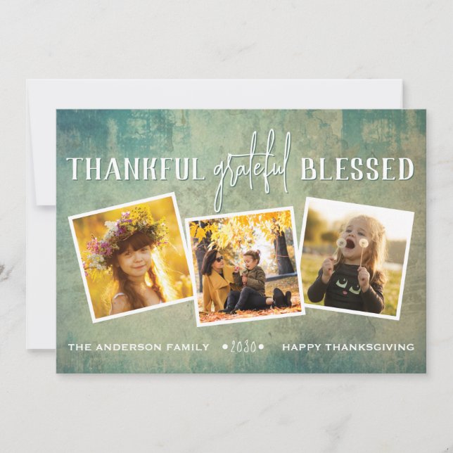 Thankful Grateful Blessed Photo Collage Holiday Card (Front)