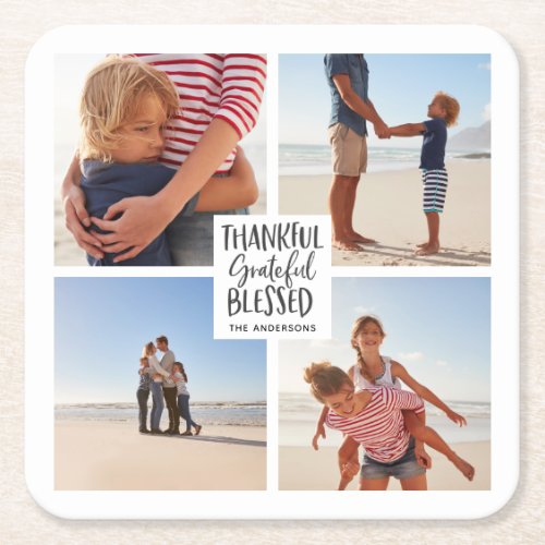 Thankful grateful blessed photo thanksgiving  square paper coaster