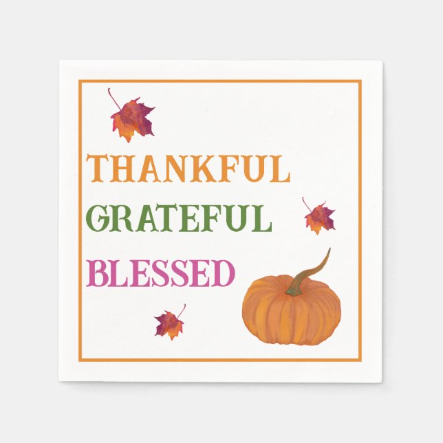 Thankful Grateful Blessed Pumpkin Fall Leaves Napkins (Front)