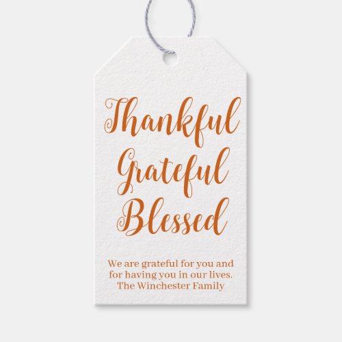 Thankful Grateful Blessed pumpkin script holiday Gift Tags