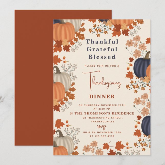 Thankful Grateful Blessed Pumpkin Thanksgiving Invitation (Front/Back)
