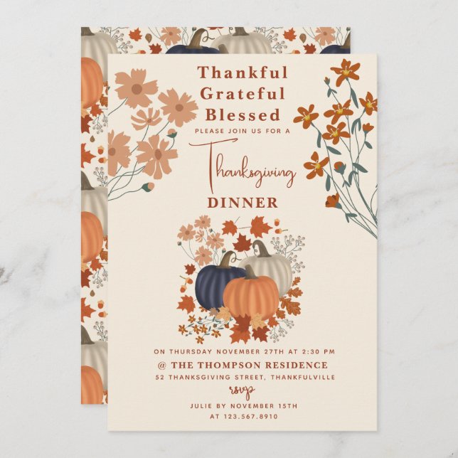 Thankful Grateful Blessed Pumpkin Thanksgiving Invitation (Front/Back)