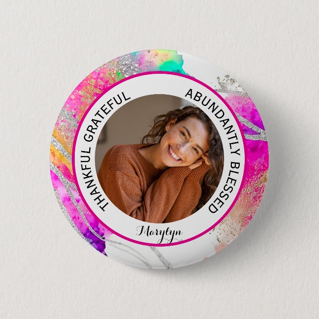 Thankful Grateful Blessed Quote photo Rainbow Button (Front)