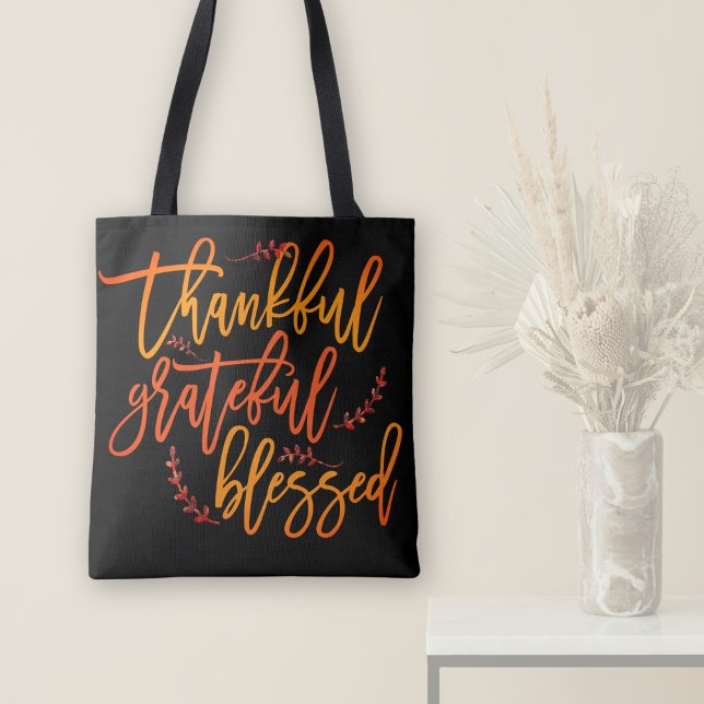 Thankful Grateful Blessed Quote Script Quote Black Tote Bag (Same design both sides)