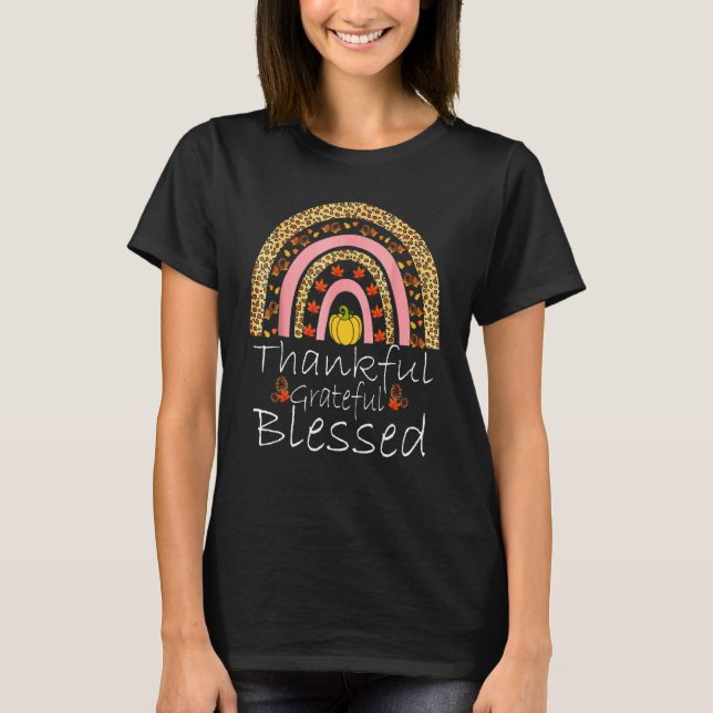 Thankful Grateful Blessed Rainbow Pumkin Fall Autu T-Shirt (Front)