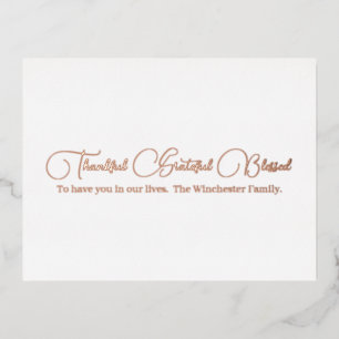 Thankful Grateful Blessed rose gold Thanksgiving Foil Holiday Postcard