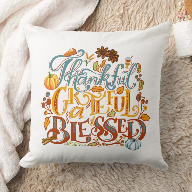 Thankful Grateful Blessed Script Personalize Throw Pillow (Blanket)