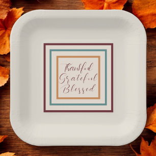 Thankful Grateful Blessed Script Thanksgiving Paper Plates