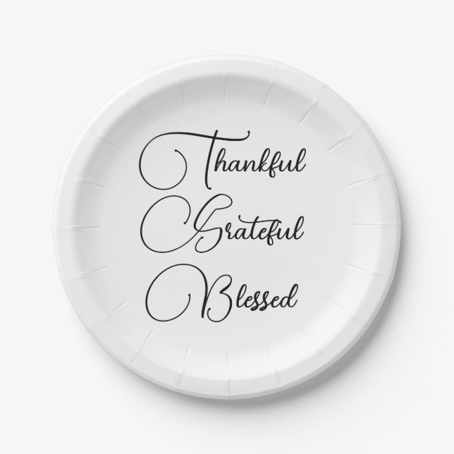 Thankful Grateful Blessed script Thanksgiving Paper Plates (Front)