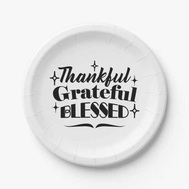 Thankful, Grateful, Blessed Sparkling Thanksgiving Paper Plates (Front)