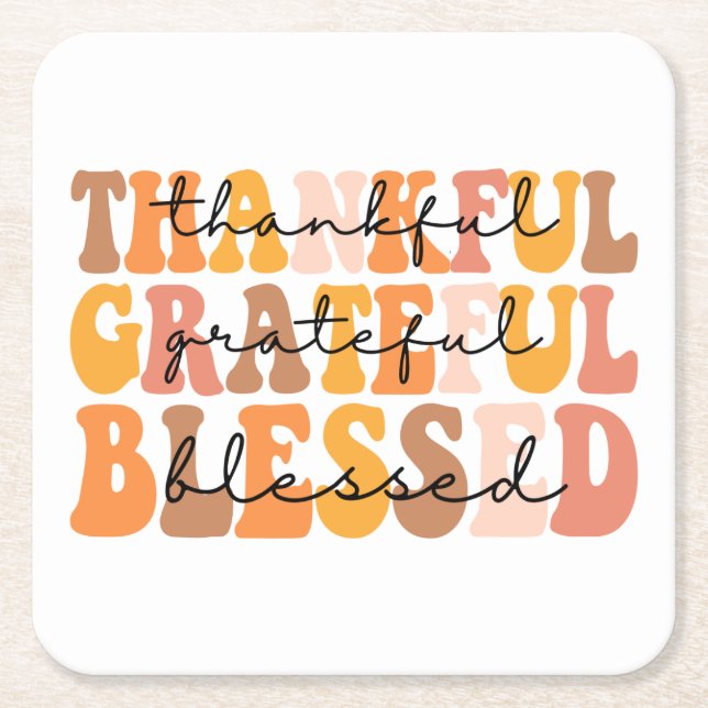 Thankful Grateful Blessed Square Paper Coaster (Front)