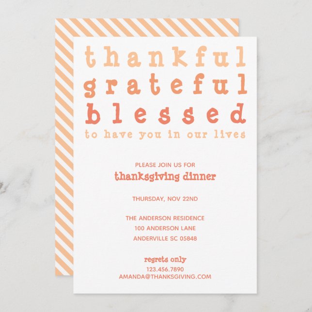Thankful Grateful Blessed Striped Thanksgiving Invitation (Front/Back)