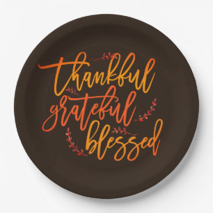 Thankful Grateful Blessed Thanksgiving Dark Brown Paper Plates