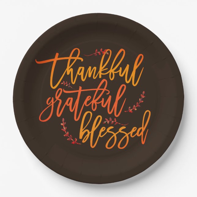Thankful Grateful Blessed Thanksgiving Dark Brown Paper Plates (Front)