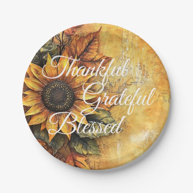 Thankful Grateful Blessed Thanksgiving Fall Autumn Paper Plates (Front)