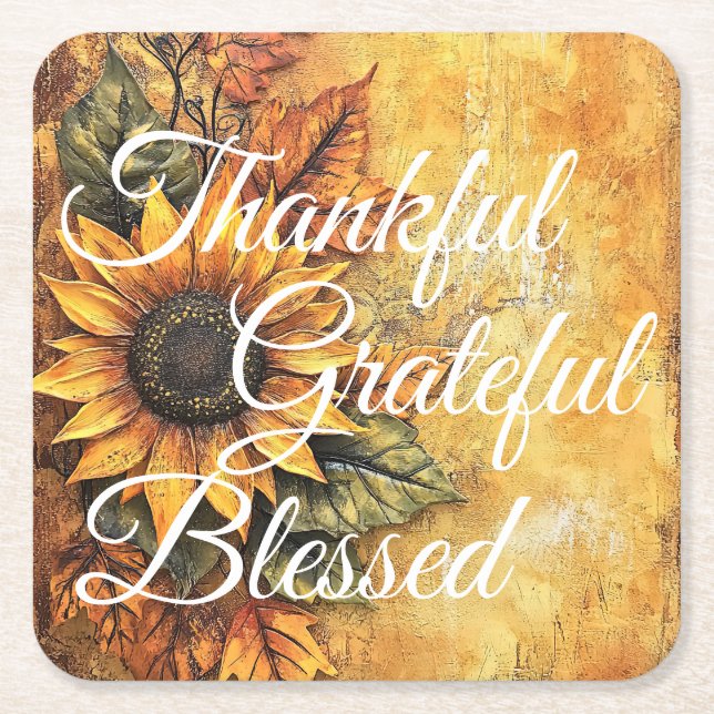 Thankful Grateful Blessed Thanksgiving Fall Autumn Square Paper Coaster (Front)