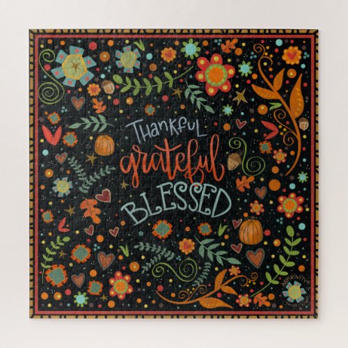 Thankful Grateful Blessed Thanksgiving Fun Floral Jigsaw Puzzle