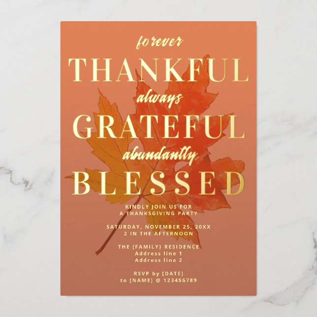 Thankful Grateful Blessed Thanksgiving Party Foil Invitation (Front)