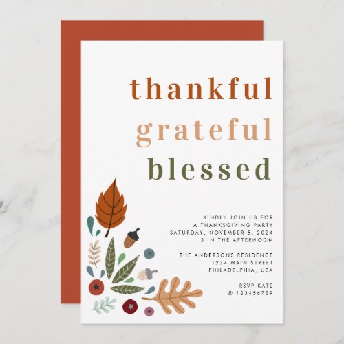 Thankful Grateful Blessed Thanksgiving Party Invitation
