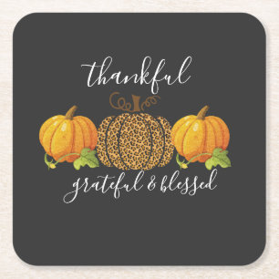 Thankful Grateful Blessed Thanksgiving Pumpkin Square Paper Coaster